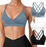 Seamless V-Neck Women Sports Bras, Padded Cross Back Wireless Low Impact Workout Yoga Bras for Small Chests, 3 Pack