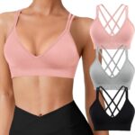 Seamless V-Neck Women Sports Bras, Padded Cross Back Wireless Low Impact Workout Yoga Bras for Small Chests, 3 Pack