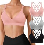 Seamless V-Neck Women Sports Bras, Padded Cross Back Wireless Low Impact Workout Yoga Bras for Small Chests, 3 Pack